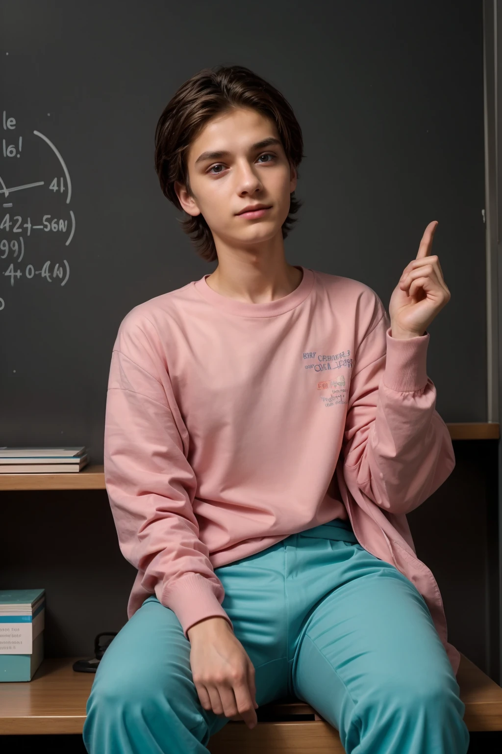 A cute, beautiful twink male young man with a face with makeup and black hair. He is wearing a long-sleeved, pink shirt and aqua blue pants. He is in his scientific office, sitting with medical scientific books next to him, and behind him is a blackboard with calculus written on it. Neon waves emerge from the blackboard. The scientific office is a medical model and he looks proudly and triumphantly by raising his hands up