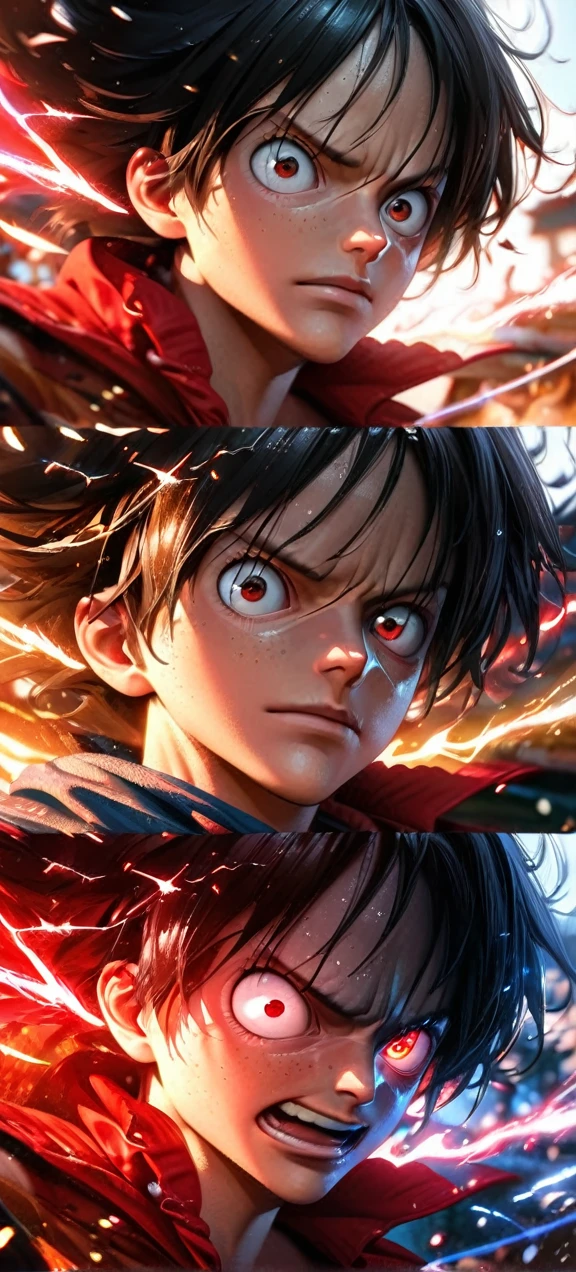  High quality, ultra realistic,absurdres, highres, ultra detailed, HDR, masterpiece, extremely detailed face and eyes,  Luffy , One Piece,, Black hair ,, solo, ,man, handsome, ,, Epic fight scene, red splashing effect,red lightning  effect,glowing glitters , close up,cool eyes, symetrical 