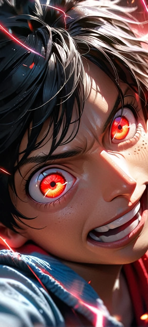  High quality, ultra realistic,absurdres, highres, ultra detailed, HDR, masterpiece, extremely detailed face and eyes,  Luffy , One Piece,, Black hair ,, solo, ,man, handsome, ,, Epic fight scene, red splashing effect,red lightning  effect,glowing glitters , close up,cool eyes, symetrical 