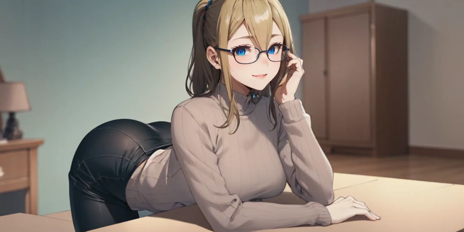 anatomically correct, best quality, masterpiece, high quality, high details, highres, HD, (shaded face:1.2), hollow eyes, dark-blue eyes, looking at viewer, seductive smile, glasses, lips, aihayasakav4, blonde hair, side ponytail, scrunchie, solo, blurry, 1girl, depth_of_field, earrings, blurry_background, breasts, jewelry, bookshelf, red_eyes, indoors, table, sweater, solo, large_breasts, looking_at_viewer, blurry_foreground, long_sleeves, closed_mouth, bangs, blush, pantyhose, hand_on_own_cheek, sidelocks, breast_rest, ribbed_sweater, apunto de exlotar, muy ajustado, se marcan los pezones, bang ,la tetas apretadas, muy ajustada