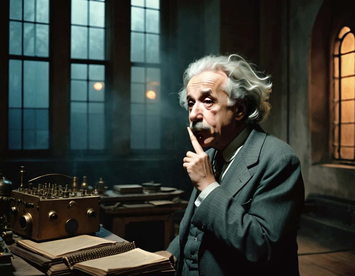 scientist Albert Einstein looking to the side with great anger, a rare moment of intense anger asking for silence with a finger in his mouth,, mysterious, against the backdrop of a dimly lit large hall with imposing and foreboding windows shrouded in fog, casting a mysterious and mystical environment, as if the shadows themselves were about to reveal a sinister secret, with a warm, muted color palette of burnt oranges, faded golds and dusty blues, evoking a sense of aged and forgotten knowledge, surrounded by scattered tomes and dusty and ancient scientific instruments, bathed in a warm, soft glow. vintage retrocore, daguerrotype,, photo, cinematic