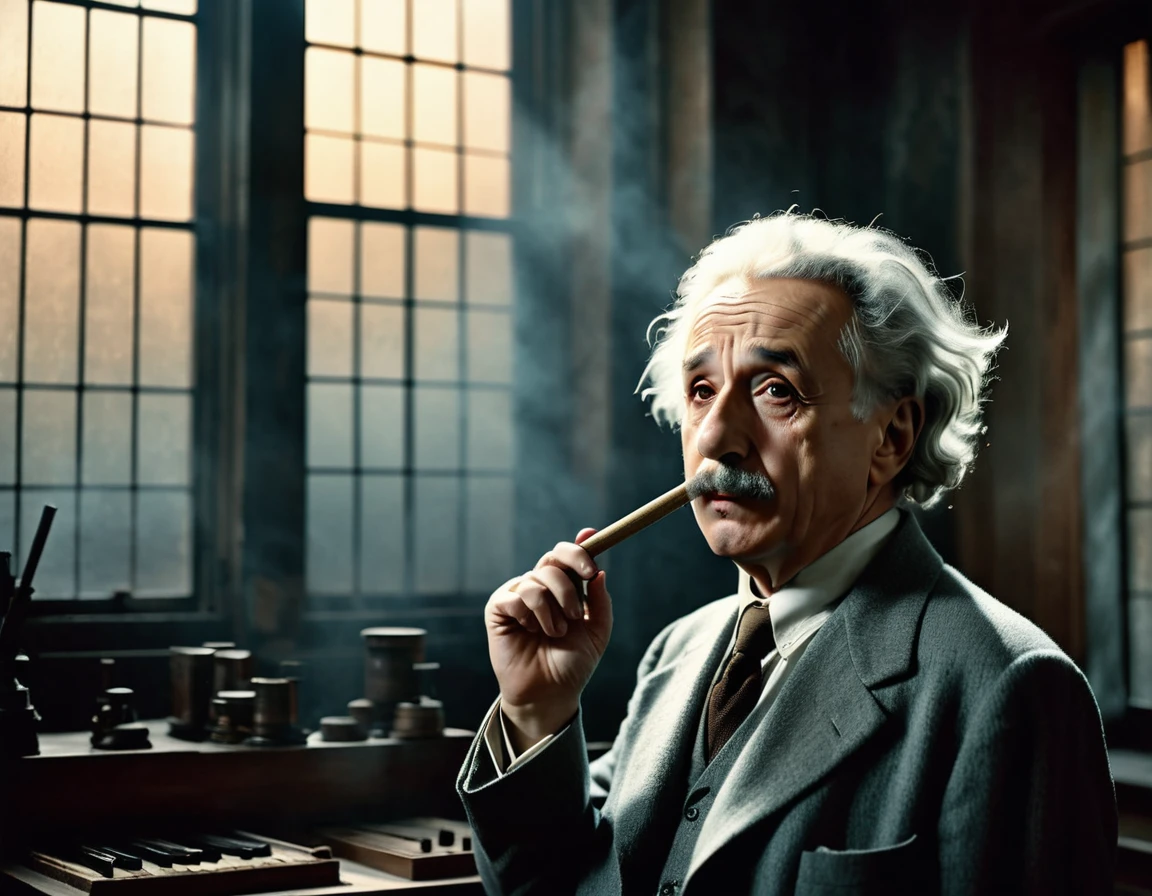 scientist Albert Einstein looking to the side with great anger, a rare moment of intense anger asking for silence with a finger in his mouth,, mysterious, against the backdrop of a dimly lit large hall with imposing and foreboding windows shrouded in fog, casting a mysterious and mystical environment, as if the shadows themselves were about to reveal a sinister secret, with a warm, muted color palette of burnt oranges, faded golds and dusty blues, evoking a sense of aged and forgotten knowledge, surrounded by scattered tomes and dusty and ancient scientific instruments, bathed in a warm, soft glow. vintage retrocore, daguerrotype,, photo, cinematic