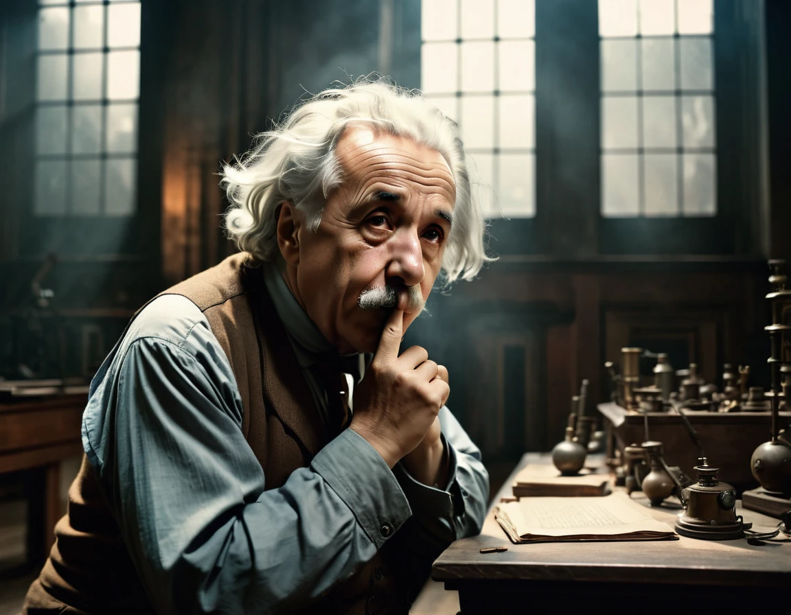 scientist Albert Einstein looking to the side with great anger, a rare moment of intense anger asking for silence with a finger in his mouth,, mysterious, against the backdrop of a dimly lit large hall with imposing and foreboding windows shrouded in fog, casting a mysterious and mystical environment, as if the shadows themselves were about to reveal a sinister secret, with a warm, muted color palette of burnt oranges, faded golds and dusty blues, evoking a sense of aged and forgotten knowledge, surrounded by scattered tomes and dusty and ancient scientific instruments, bathed in a warm, soft glow. vintage retrocore, daguerrotype,, photo, cinematic