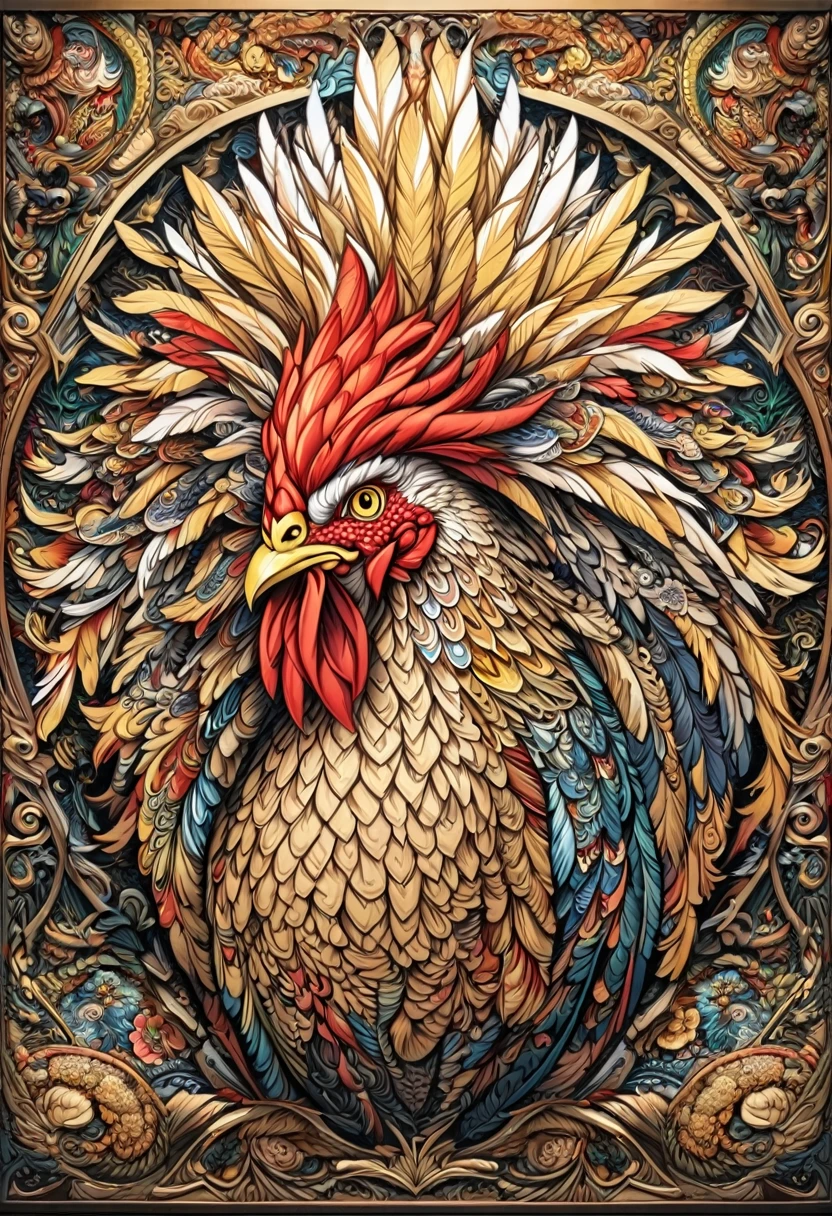 coloring book page with a drawing of a rooster with a flower pattern on its face, Highly detailed and hypnotic, hyper detailed rooster - like face, goldenrooster, incredibly intricate, he has yellow rooster eyes, Intricately detailed fur, gallo, Intricate artwork, Highly detailed 4k art, great rooster, Highly detailed 4k art., Highly detailed symmetry, intricate detailed 4k, rooster and his treasures