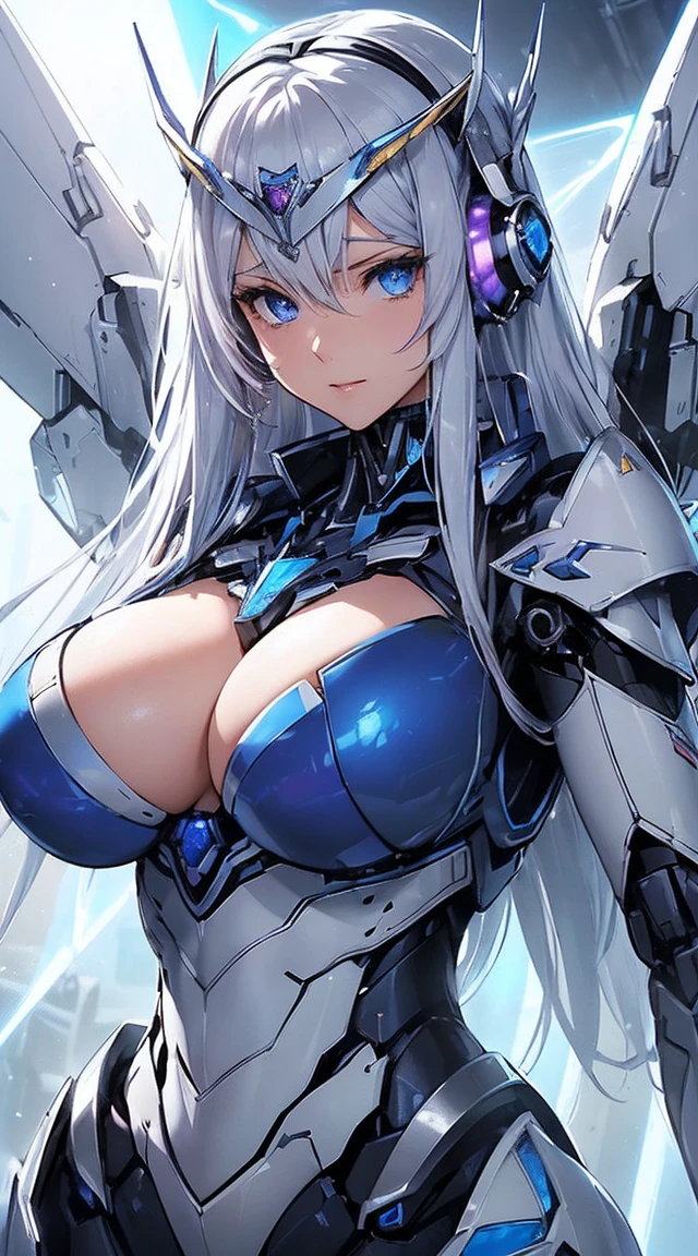 ((Extreme close up:1.6))、(((Lenses shining on both breasts:1.3)))、((Blue pillars of light radiate from both of his chests..:1.3))、break、(((Dynamic pose:1.8)))、smile、((8K)), ((32k)), ((Highest quality)), ((masterpiece)), ((超A high resolution)), ((Tmasterpiece)), ((Halation:1.4))、((Mechaニカルheadgear:1.2))、((Cyber headphones:1.3))Fine skin, High quality fabric, High-quality metal texture、((Beautiful and dense face))、RAW Photos、Professional, Ultra-fine painting, ((alone)), Beautiful breasts、Highest quality, Very detailed, Very detailed詳細, Finer details, so beautiful, ((Princess Knight Robot:1.2)),  (Joint of the machine, Mechanical Limbs:1.3), (The internal structure of the machine is exposed:1.3), (Long silver hair:1.1), (Beautiful and huge mechanical breasts)、White Veil, cowboy_shot, Side Focus, headgear, Shiny、(Five Fingers, Four fingers and thumb),Concept Art, Anime fantasy artwork, Detailed fantasy art, (with pale blue-violet hair and large white wings,,,,,,,,), (((Long silver hair))), (Mecha:1.6)、Sleek and intimidating design, ((Commander-in-Chief&#39;arm)), (Perfect robot body)、純白と青紫のarmまたは, Symmetrical wings, 8K High Resolution, Detailed Art, 3D rendering of character art in 8K, neat legs, Defined, Defined fingers,((headshot:1.3))