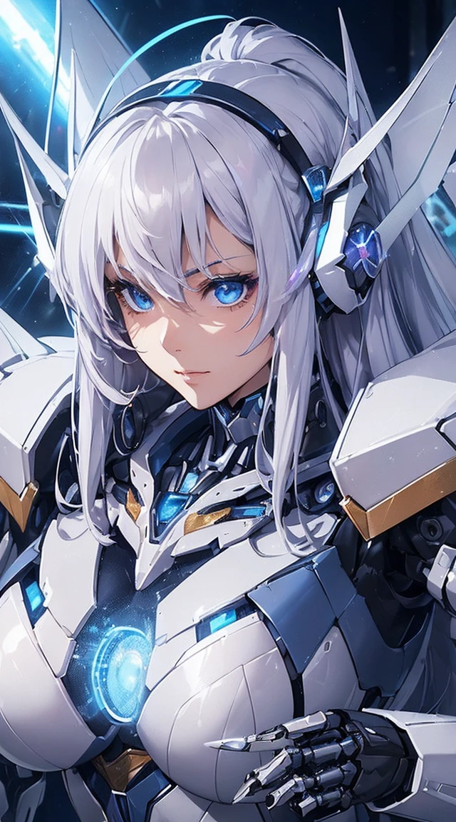((Extreme close up:1.6))、(((Lenses shining on both breasts:1.3)))、((Blue pillars of light radiate from both of his chests..:1.3))、break、(((Dynamic pose:1.8)))、smile、((8K)), ((32k)), ((Highest quality)), ((masterpiece)), ((超A high resolution)), ((Tmasterpiece)), ((Halation:1.4))、((Mechaニカルheadgear:1.2))、((Cyber headphones:1.3))Fine skin, High quality fabric, High-quality metal texture、((Beautiful and dense face))、RAW Photos、Professional, Ultra-fine painting, ((alone)), Beautiful breasts、Highest quality, Very detailed, Very detailed詳細, Finer details, so beautiful, ((Princess Knight Robot:1.2)),  (Joint of the machine, Mechanical Limbs:1.3), (The internal structure of the machine is exposed:1.3), (Long silver hair:1.1), (Beautiful and huge mechanical breasts)、White Veil, cowboy_shot, Side Focus, headgear, Shiny、(Five Fingers, Four fingers and thumb),Concept Art, Anime fantasy artwork, Detailed fantasy art, (with pale blue-violet hair and large white wings,,,,,,,,), (((Long silver hair))), (Mecha:1.6)、Sleek and intimidating design, ((Commander-in-Chief&#39;arm)), (Perfect robot body)、純白と青紫のarmまたは, Symmetrical wings, 8K High Resolution, Detailed Art, 3D rendering of character art in 8K, neat legs, Defined, Defined fingers,((headshot:1.3))