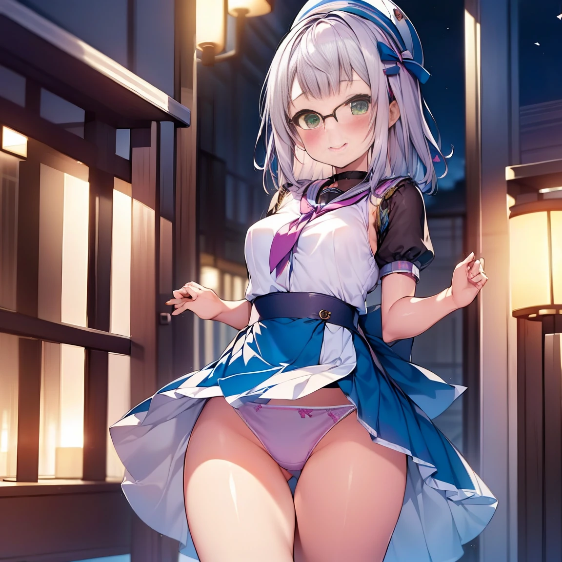 8K、masterpiece、Japanese、Woman wearing glasses、Neon(nod)、from the front、smile、Childish、Small breasts、See-through underwear、night、Bedroom、Show your underwear、mini skirt
