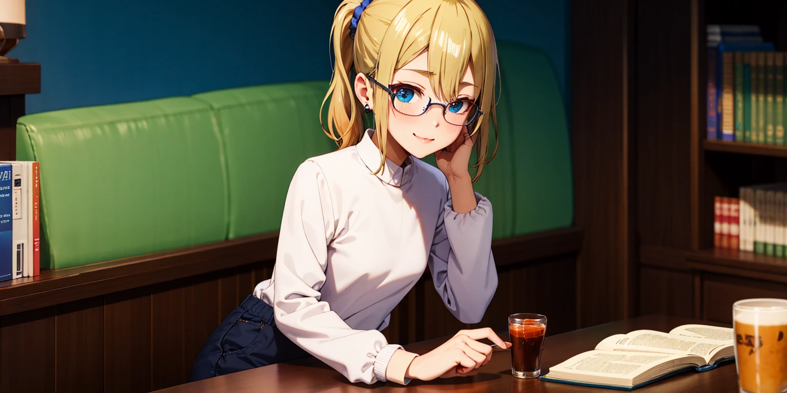 anatomically correct, best quality, masterpiece, high quality, high details, highres, HD, (shaded face:1.2), hollow eyes, dark-blue eyes, looking at viewer, seductive smile, glasses, lips, aihayasakav4, blonde hair, side ponytail, scrunchie, solo, blurry, 1girl, depth_of_field, earrings, blurry_background, small breasts, jewelry, bookshelf, red_eyes, indoors, table, sweater, solo, small_breasts, looking_at_viewer, blurry_foreground, long_sleeves, closed_mouth, bangs, blush, pantyhose, hand_on_own_cheek, sidelocks, breast_rest, ribbed_sweate, 15 years old, teen , escote muestra parte de sus pequeños pechos colgando,holgado, trasero firme