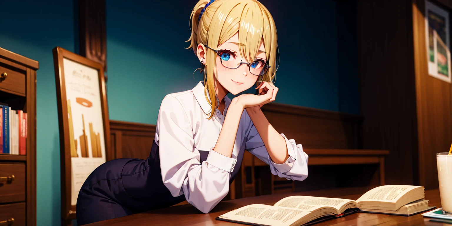 anatomically correct, best quality, masterpiece, high quality, high details, highres, HD, (shaded face:1.2), hollow eyes, dark-blue eyes, looking at viewer, seductive smile, glasses, lips, aihayasakav4, blonde hair, side ponytail, scrunchie, solo, blurry, 1girl, depth_of_field, earrings, blurry_background, small breasts, jewelry, bookshelf, red_eyes, indoors, table, sweater, solo, small_breasts, looking_at_viewer, blurry_foreground, long_sleeves, closed_mouth, bangs, blush, pantyhose, hand_on_own_cheek, sidelocks, breast_rest, ribbed_sweate, 15 years old, teen , escote muestra parte de sus pequeños pechos colgando,holgado, trasero firme