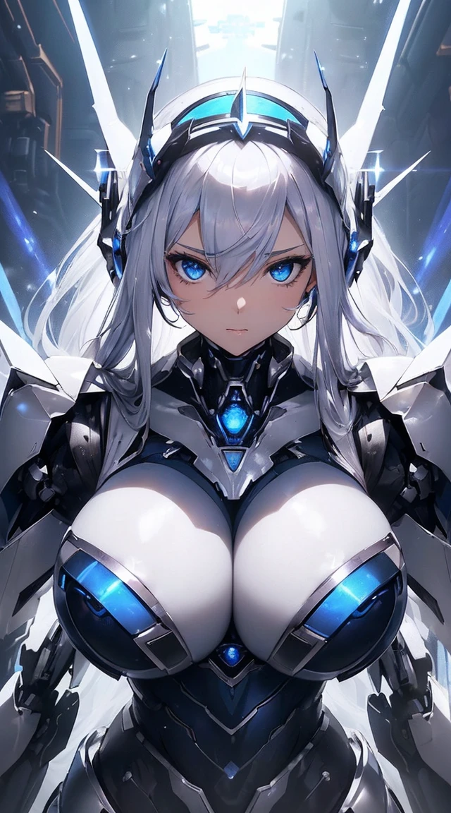 ((Intense action pose:1.6))、((Shining lenses on both breasts:1.3))、((Blue pillars of light are emanating from both chests.:1.3))、smile、((8K)), ((32k)), ((Highest quality)), ((masterpiece)), ((超A high resolution)), ((Tmasterpiece)), ((Halation:1.4))、((Mechaニカルheadgear:1.2))、((Cyber headphones:1.3))、Fine skin, High quality fabric, Fine metal texture、((Beautiful and dense face))、RAW Photos、Professional, Ultra-fine painting, ((alone)), Beautiful breasts、Highest quality, Very detailed, Very detailed詳細, Finer details, so beautiful, ((Princess Knight Robot:1.2)), (Joints of machines, Mechanical Limbs:1.3), (The internal structure of the machine is exposed:1.3), (Long silver hair:1.1), (Beautiful and huge mechanical breasts)、White Veil, cowboy_shot, Side Focus, headgear, Shiny、(Five Fingers, Four fingers and thumb),Concept Art, Anime fantasy artwork, Detailed fantasy art, (with pale blue-violet hair and large white wings,,,,,,,), (((Long silver hair))), (Mecha:1.6)、Sleek and intimidating design, ((Commander-in-Chief'arm)), (Perfect robot body)、純白と青紫armまたは, Symmetrical wings, 8K high quality, detailed art, 3D rendering of character art in 8K, neat legs, Defined, Defined fingers,