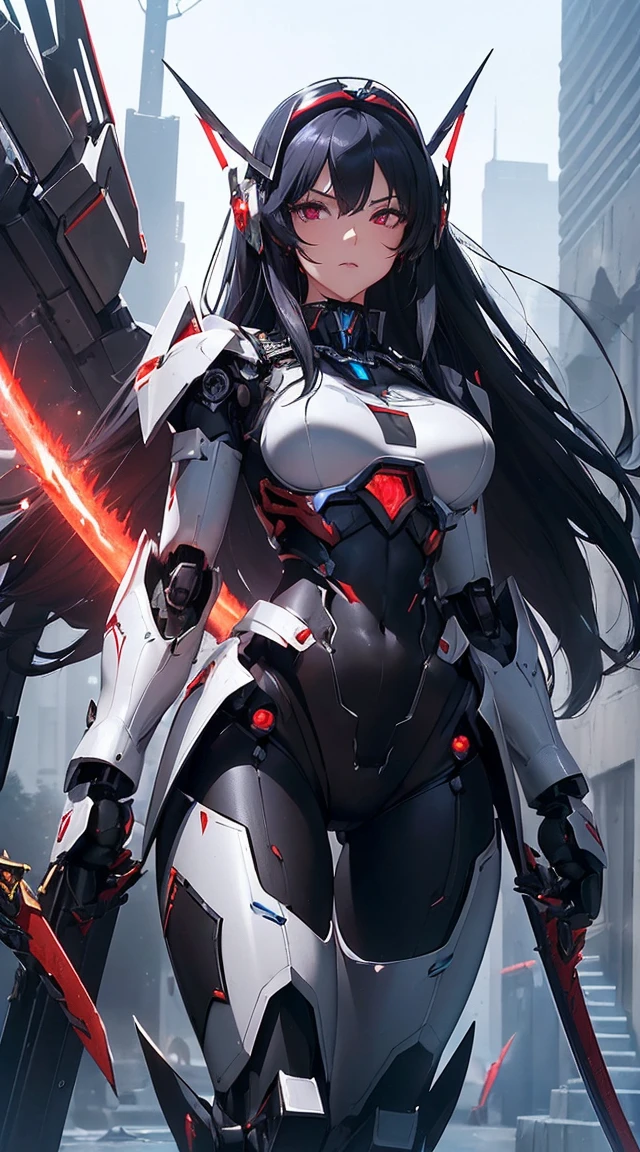 ((Shining lenses on both breasts:1.3))、((Pillars of red light radiate from both chests..:1.3))、((Attack pose:1.6))、((He has a red sword and a long rifle:1.6))、((Battle Scenes:1.8))、((8K)), ((32k)), ((Highest quality)), ((masterpiece)), ((超A high resolution)), ((Tmasterpiece)), ((Halation:1.4))、((Mechaニカルheadgear:1.2))、((Cyber headphones:1.3))Fine skin, High quality fabric, High-quality metal texture、((Beautiful and dense face))、RAW Photos、Professional, Ultra-fine painting, ((alone)), Beautiful breasts、Highest quality, Very detailed, Very detailed詳細, Finer details, so beautiful, ((Black Knight Robot:1.2)),  (Joint of the machine, Mechanical Limbs:1.3), (The internal structure of the machine is exposed:1.3), (Long black hair:1.1), (Beautiful and huge mechanical breasts)、White Veil, cowboy_shot, Side Focus, headgear, Shiny、(Five Fingers, Four fingers and thumb),Concept Art, Anime fantasy artwork, Detailed fantasy art, (Has light blue-purple hair and black wings,,,,,,), (((Long black hair))), (Mecha:1.6)、Sleek and intimidating design,  (Jet black perfect robot body)、Jet black and reddish purple arms, Symmetrical wings, 8K High Resolution, Detailed Art, 3D rendering of character art in 8K, neat legs, Defined, Defined fingers,((headshot:1.6))