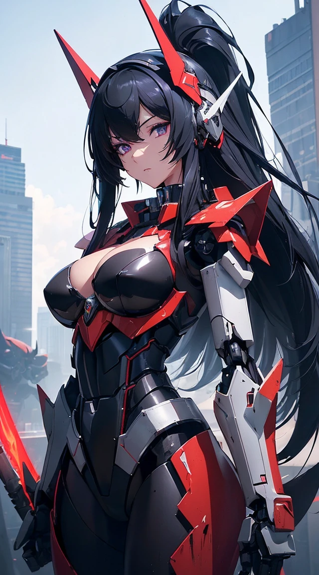 ((Shining lenses on both breasts:1.3))、((Pillars of red light radiate from both chests..:1.3))、((Attack pose:1.6))、((He has a red sword and a long rifle:1.6))、((Battle Scenes:1.8))、((8K)), ((32k)), ((Highest quality)), ((masterpiece)), ((超A high resolution)), ((Tmasterpiece)), ((Halation:1.4))、((Mechaニカルheadgear:1.2))、((Cyber headphones:1.3))Fine skin, High quality fabric, High-quality metal texture、((Beautiful and dense face))、RAW Photos、Professional, Ultra-fine painting, ((alone)), Beautiful breasts、Highest quality, Very detailed, Very detailed詳細, Finer details, so beautiful, ((Black Knight Robot:1.2)), (Joint of the machine, Mechanical Limbs:1.3), (The internal structure of the machine is exposed:1.3), (Long black hair:1.1), (Beautiful and huge mechanical breasts)、White Veil, cowboy_shot, Side Focus, headgear, Shiny、(Five Fingers, Four fingers and thumb),Concept Art, Anime fantasy artwork, Detailed fantasy art, (Has light blue-purple hair and black wings,,,,,,), (((Long black hair))), (Mecha:1.6)、Sleek and intimidating design, (Jet black perfect robot body)、Jet black and reddish purple arms, Symmetrical wings, 8K High Resolution, Detailed Art, 3D rendering of character art in 8K, neat legs, Defined, Defined fingers,((headshot:1.6))