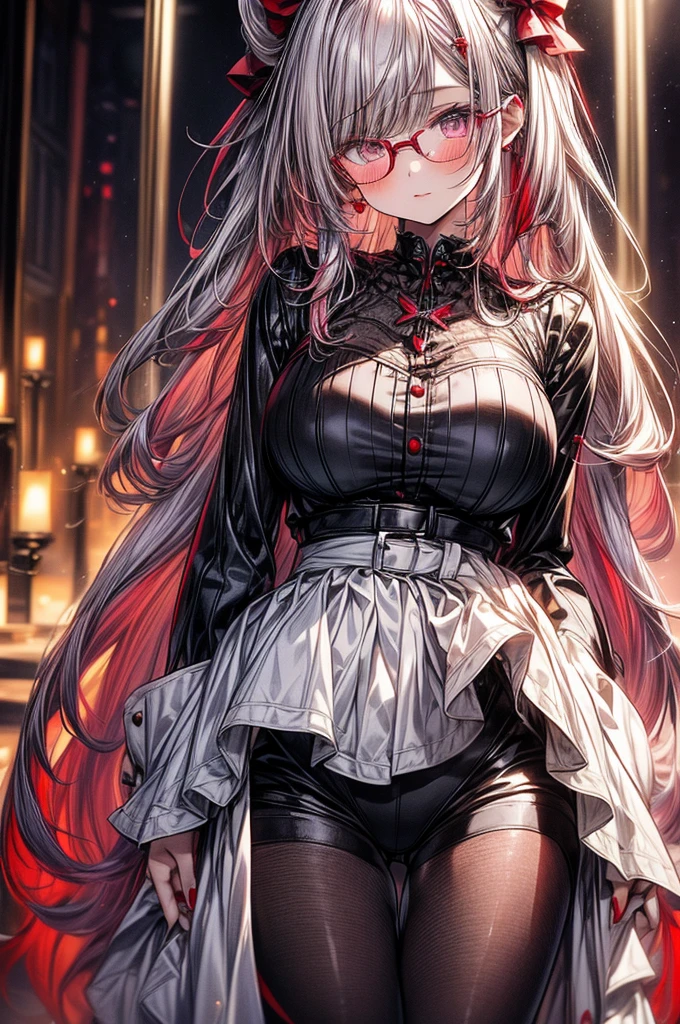 masterpiece, best quality, high-resolution, finely detailed, extremely detailed and beautiful, distinct_image, 1 girl, solo, beautiful young teenage girl, 13 years old, tanned white skin, long waist length hair(pink-red hair)(white highlights), soft facial features, heterochromatic eyes(left eye: silver)(right eye: red), elegant battle-styled sundress, cherry red plump lips, large E-cup breasts, short height(150cm). wide hips and large round ass, silver round-frame glasses