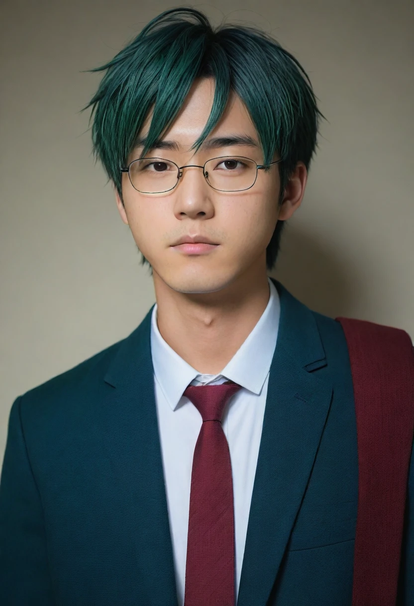 dark green hair, hair between eyes, messy hair, raised eyebrows, half-closed eye, 8k, super detail, ccurate, best quality, full body close-up shot, japanese boy, japanese student, student clothes, glasses, 1man, perfect face, best quality ,masterpiece, illustration, extremely detailed ,CG ,unity ,8k wallpaper, Amazing, finely detail, masterpiece,best quality,official art,extremely detailed CG unity 8k wallpaper,absurdres, incredibly absurdres, huge filesize, ultra-detailed, highres, extremely detailed, (handsome muscular high school boy in the classroom of high school), He is wearing a red cardigan and a tie, Dark blue suit
