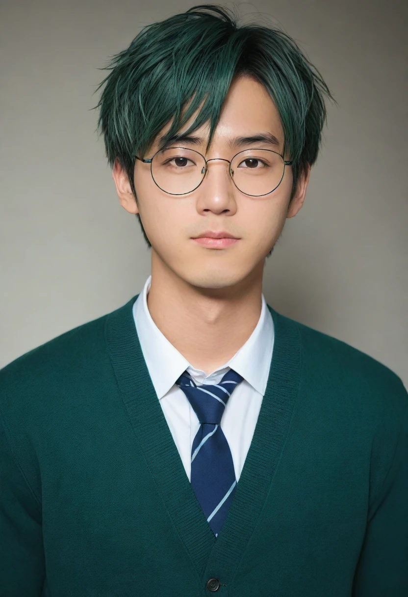 dark green hair, hair between eyes, messy hair, raised eyebrows, half-closed eye, 8k, super detail, ccurate, best quality, full body close-up shot, japanese boy, japanese student, student clothes, glasses, 1man, perfect face, best quality ,masterpiece, illustration, extremely detailed ,CG ,unity ,8k wallpaper, Amazing, finely detail, masterpiece,best quality,official art,extremely detailed CG unity 8k wallpaper,absurdres, incredibly absurdres, huge filesize, ultra-detailed, highres, extremely detailed, (handsome muscular high school boy in the classroom of high school), He is wearing a red cardigan and a tie, Dark blue suit
