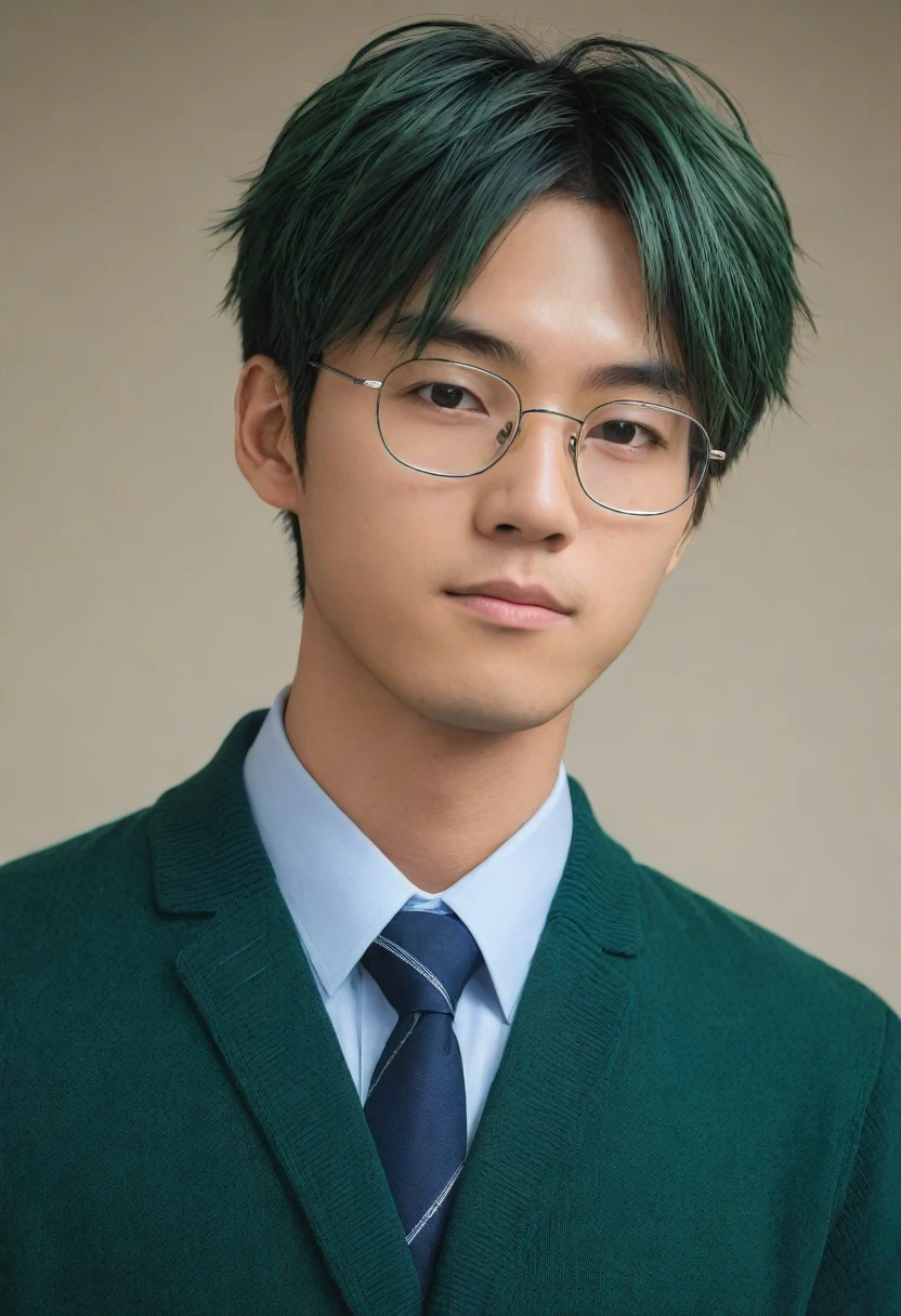 dark green hair, hair between eyes, messy hair, raised eyebrows, half-closed eye, 8k, super detail, ccurate, best quality, full body close-up shot, japanese boy, japanese student, student clothes, glasses, 1man, perfect face, best quality ,masterpiece, illustration, extremely detailed ,CG ,unity ,8k wallpaper, Amazing, finely detail, masterpiece,best quality,official art,extremely detailed CG unity 8k wallpaper,absurdres, incredibly absurdres, huge filesize, ultra-detailed, highres, extremely detailed, (handsome muscular high school boy in the classroom of high school), He is wearing a red cardigan and a tie, Dark blue suit
