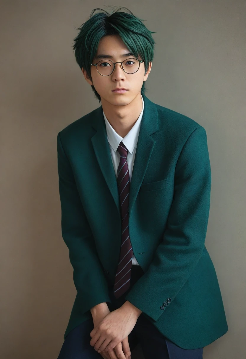 dark green hair, hair between eyes, messy hair, raised eyebrows, half-closed eye, 8k, super detail, ccurate, best quality, full body close-up shot, japanese boy, japanese student, student clothes, glasses, 1man, perfect face, best quality ,masterpiece, illustration, extremely detailed ,CG ,unity ,8k wallpaper, Amazing, finely detail, masterpiece,best quality,official art,extremely detailed CG unity 8k wallpaper,absurdres, incredibly absurdres, huge filesize, ultra-detailed, highres, extremely detailed, (handsome muscular high school boy in the classroom of high school), He is wearing a red cardigan and a tie, Dark blue suit
