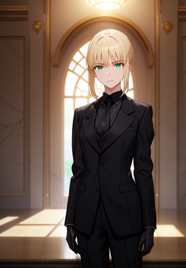 a beautiful young woman with golden hair, emerald green eyes, and a detailed face, wearing a formal black suit with a necktie, standing alone in a meticulously detailed scene, hyper-detailed, 1girl, formal suit, necktie, gloves, detailed eyes, detailed face, masterpiece, 4k, photo-realistic, cinematic lighting, dramatic atmosphere, vivid colors, intricate details, dinamic pose