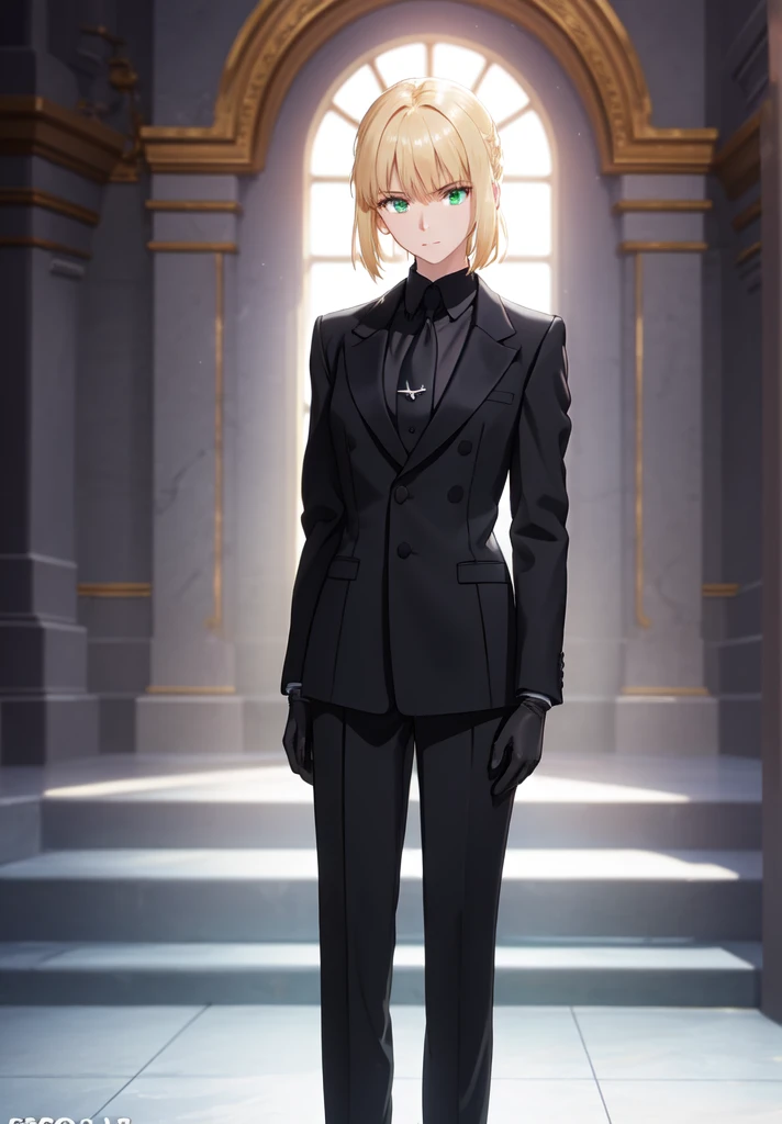 a beautiful young woman with golden hair, emerald green eyes, and a detailed face, wearing a formal black suit with a necktie, standing alone in a meticulously detailed scene, hyper-detailed, 1girl, formal suit, necktie, gloves, detailed eyes, detailed face, masterpiece, 4k, photo-realistic, cinematic lighting, dramatic atmosphere, vivid colors, intricate details, dinamic pose