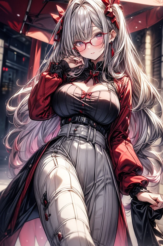 masterpiece, best quality, high-resolution, finely detailed, extremely detailed and beautiful, distinct_image, 1 girl, solo, beautiful young teenage girl, , tanned white skin, long waist length hair(pink-red hair)(white highlights), soft facial features, heterochromatic eyes(left eye: silver)(right eye: red), elegant battle-styled sundress, cherry red plump lips, large E-cup breasts, short height(150cm). wide hips and large round ass, silver round-frame glasses