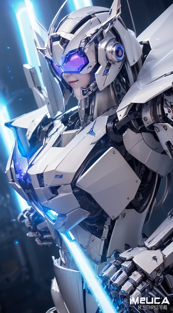 ((Intense action pose:1.6))、((Shining lenses on both breasts:1.3))、((Blue pillars of light are emanating from both chests.:1.3))、smile、((8K)), ((32k)), ((Highest quality)), ((masterpiece)), ((超A high resolution)), ((Tmasterpiece)), ((Halation:1.4))、((Mechaニカルheadgear:1.2))、((Cyber headphones:1.3))、Fine skin, High quality fabric, Fine metal texture、((Beautiful and dense face))、RAW Photos、Professional, Ultra-fine painting, ((alone)), Beautiful breasts、Highest quality, Very detailed, Very detailed詳細, Finer details, so beautiful, ((Princess Knight Robot:1.2)), (Joints of machines, Mechanical Limbs:1.3), (The internal structure of the machine is exposed:1.3), (Long silver hair:1.1), (Beautiful and huge mechanical breasts)、White Veil, cowboy_shot, Side Focus, headgear, Shiny、(Five Fingers, Four fingers and thumb),Concept Art, Anime fantasy artwork, Detailed fantasy art, (with pale blue-violet hair and large white wings,,,,,,,), (((Long silver hair))), (Mecha:1.6)、Sleek and intimidating design, ((Commander-in-Chief'arm)), (Perfect robot body)、純白と青紫armまたは, Symmetrical wings, 8K high quality, detailed art, 3D rendering of character art in 8K, neat legs, Defined, Defined fingers,