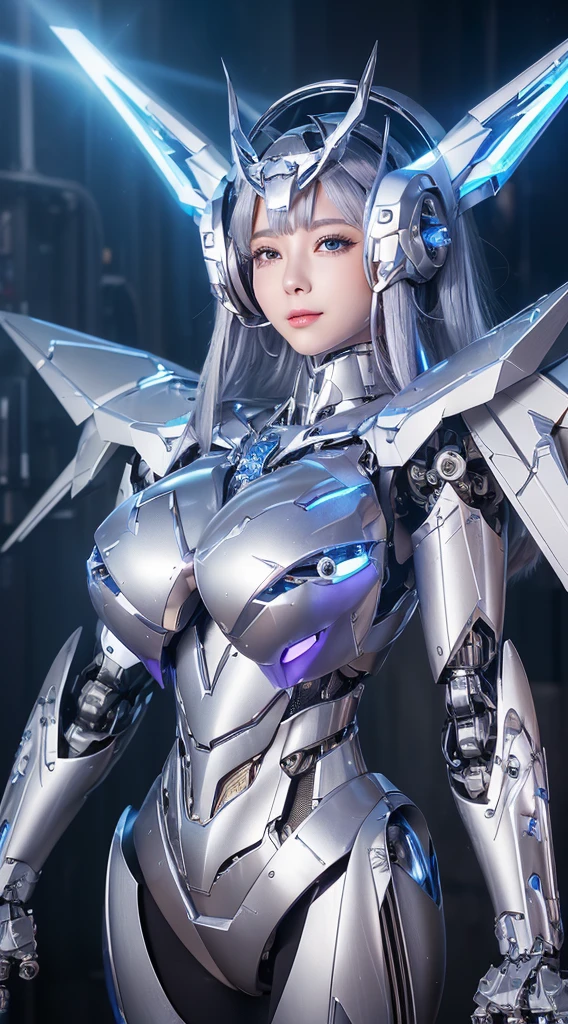 ((Intense action pose:1.6))、((Shining lenses on both breasts:1.3))、((Blue pillars of light are emanating from both chests.:1.3))、smile、((8K)), ((32k)), ((Highest quality)), ((masterpiece)), ((超A high resolution)), ((Tmasterpiece)), ((Halation:1.4))、((Mechaニカルheadgear:1.2))、((Cyber headphones:1.3))、Fine skin, High quality fabric, Fine metal texture、((Beautiful and dense face))、RAW Photos、Professional, Ultra-fine painting, ((alone)), Beautiful breasts、Highest quality, Very detailed, Very detailed詳細, Finer details, so beautiful, ((Princess Knight Robot:1.2)), (Joints of machines, Mechanical Limbs:1.3), (The internal structure of the machine is exposed:1.3), (Long silver hair:1.1), (Beautiful and huge mechanical breasts)、White Veil, cowboy_shot, Side Focus, headgear, Shiny、(Five Fingers, Four fingers and thumb),Concept Art, Anime fantasy artwork, Detailed fantasy art, (with pale blue-violet hair and large white wings,,,,,,,), (((Long silver hair))), (Mecha:1.6)、Sleek and intimidating design, ((Commander-in-Chief'arm)), (Perfect robot body)、純白と青紫armまたは, Symmetrical wings, 8K high quality, detailed art, 3D rendering of character art in 8K, neat legs, Defined, Defined fingers,