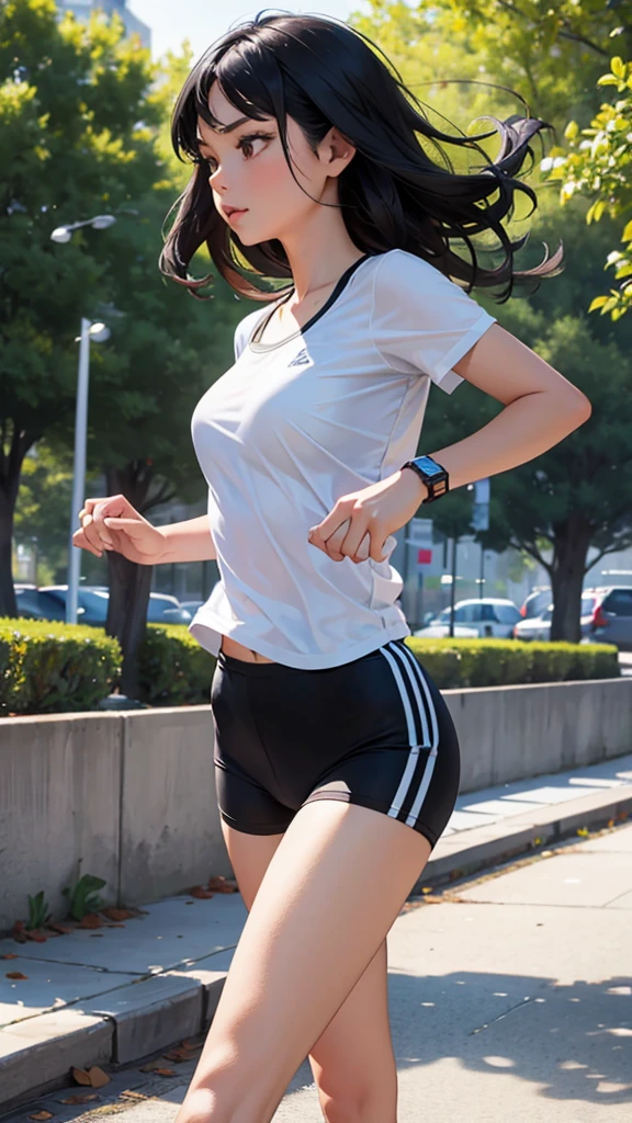 Beautiful black-haired woman running in the park