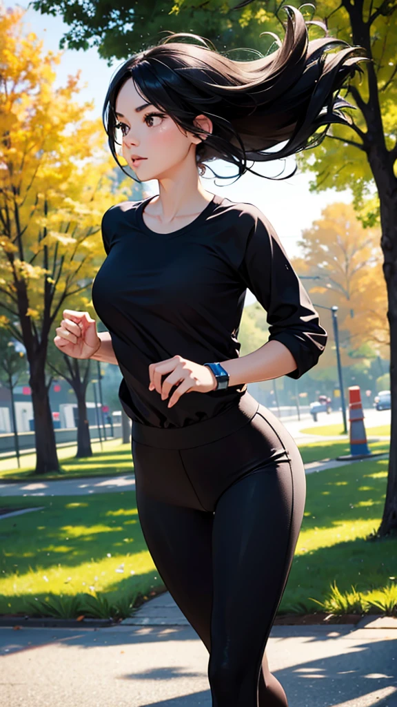 Beautiful black-haired woman running in the park