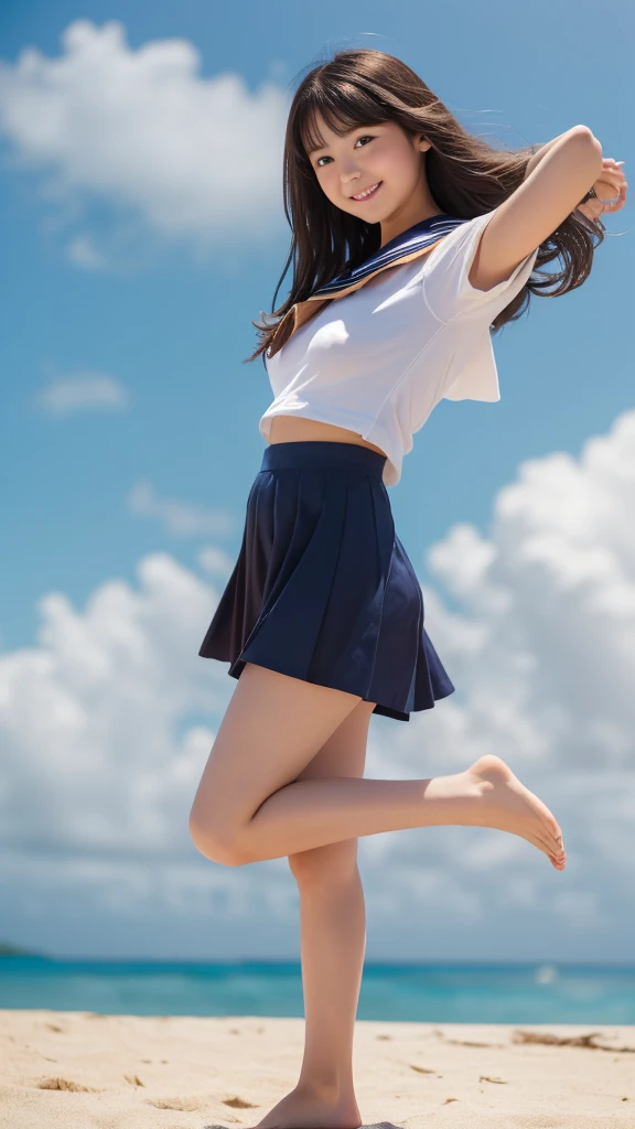 1girl,(((Okinawa ocean)))、(((White sand beaches in Okinawa)))、(((Just join your hands and pray)))、(((Mysterious look)))、8k UHD、Digital single-lens reflex camera、High resolution、Shallow depth of field、Natural light、(((Sailor suit)))、(((navy blue super mini skirt)))、(((A sparkling, charming smile)))、(((Full body photography)) )、Small person、(((Young face)))、1 Japanese female、12 years old;beautiful girl、(Black Hair)、A strong wind blows up my skirt、(((Brown eyes)))、Glowing Skin、Smooth Thinning Hair、Long Hair、Detailed background、Detailed eyes and face、Clear Eyes、Cute smile、Calm atmosphere、(((stage)))、(((Small breasts)))、(((Beautiful Eyes)))、Flat chest、Children、(((Toned thighs))) 、(((Angle from below) ))、(((Fine lips)))、(((Skirt fluttering)))、Shining beautiful legs、( Skirt fluttering violently in the strong wind :1.4), (hair blowing in the strong wind:1.4), (leaning forward)、barefoot、barefoot、((((A skirt flipped up by a strong wind))))