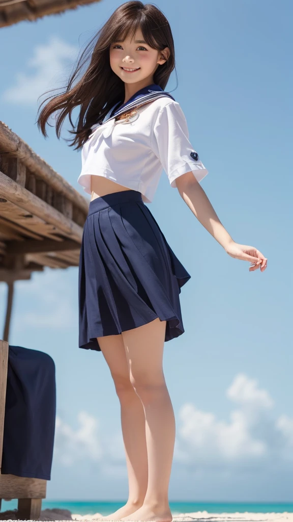 1girl,(((Okinawa ocean)))、(((White sand beaches in Okinawa)))、(((Just join your hands and pray)))、(((Mysterious look)))、8k UHD、Digital single-lens reflex camera、High resolution、Shallow depth of field、Natural light、(((Sailor suit)))、(((navy blue super mini skirt)))、(((A sparkling, charming smile)))、(((Full body photography)) )、Small person、(((Young face)))、1 Japanese female、;beautiful girl、(Black Hair)、A strong wind blows up my skirt、(((Brown eyes)))、Glowing Skin、Smooth Thinning Hair、Long Hair、Detailed background、Detailed eyes and face、Clear Eyes、Cute smile、Calm atmosphere、(((stage)))、(((Small breasts)))、(((Beautiful Eyes)))、Flat chest、Children、(((Toned thighs))) 、(((Angle from below) ))、(((Fine lips)))、(((Skirt fluttering)))、Shining beautiful legs、( Skirt fluttering violently in the strong wind :1.4), (hair blowing in the strong wind:1.4), (leaning forward)、barefoot、barefoot、((((A skirt flipped up by a strong wind))))