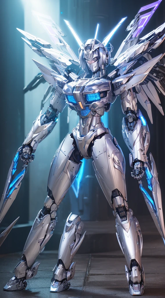 ((Intense action pose:1.6))、((Shining lenses on both breasts:1.3))、((A blue pillar of light is emitted from the lens.:1.3))、smile、((8K)), ((32k)), ((Highest quality)), ((masterpiece)), ((超A high resolution)), ((Tmasterpiece)), ((Halation:1.4))、((Mechaニカルheadgear:1.2))、((Cyber headphones:1.3))、Fine skin, High quality fabric, Fine metal texture、((Beautiful and dense face))、RAW Photos、Professional, Ultra-fine painting, ((alone)), Beautiful breasts、Highest quality, Very detailed, Very detailed詳細, Finer details, so beautiful, ((Princess Knight Robot:1.2)),  (Joints of machines, Mechanical Limbs:1.3), (The internal structure of the machine is exposed:1.3), (Long silver hair:1.1), (Beautiful and huge mechanical breasts)、White Veil, cowboy_shot, Side Focus, headgear, Shiny、(Five Fingers, Four fingers and thumb),Concept Art, Anime fantasy artwork, Detailed fantasy art, (with pale blue-violet hair and large white wings,,,,,,,), (((Long silver hair))), (Mecha:1.6)、Sleek and intimidating design, ((Commander-in-Chief&#39;arm)), (Perfect robot body)、純白と青紫armまたは, Symmetrical wings, 8K high quality, detailed art, 3D rendering of character art in 8K, neat legs, Defined, Defined fingers,