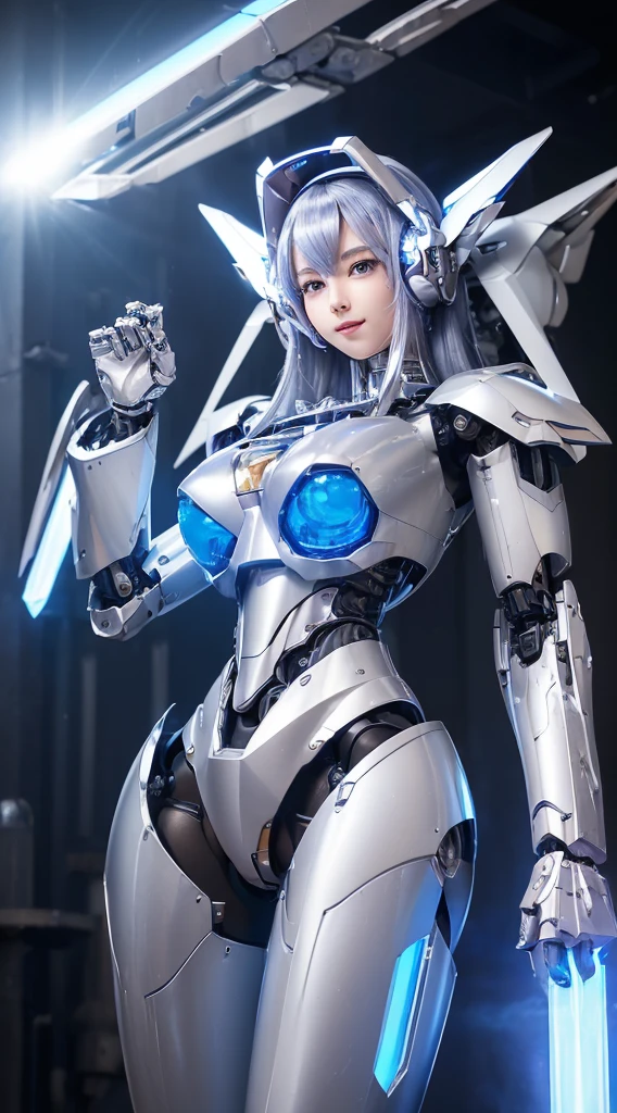 ((Intense action pose:1.6))、((Shining lenses on both breasts:1.3))、((A blue pillar of light is emitted from the lens.:1.3))、smile、((8K)), ((32k)), ((Highest quality)), ((masterpiece)), ((超A high resolution)), ((Tmasterpiece)), ((Halation:1.4))、((Mechaニカルheadgear:1.2))、((Cyber headphones:1.3))、Fine skin, High quality fabric, Fine metal texture、((Beautiful and dense face))、RAW Photos、Professional, Ultra-fine painting, ((alone)), Beautiful breasts、Highest quality, Very detailed, Very detailed詳細, Finer details, so beautiful, ((Princess Knight Robot:1.2)), (Joints of machines, Mechanical Limbs:1.3), (The internal structure of the machine is exposed:1.3), (Long silver hair:1.1), (Beautiful and huge mechanical breasts)、White Veil, cowboy_shot, Side Focus, headgear, Shiny、(Five Fingers, Four fingers and thumb),Concept Art, Anime fantasy artwork, Detailed fantasy art, (with pale blue-violet hair and large white wings,,,,,,,), (((Long silver hair))), (Mecha:1.6)、Sleek and intimidating design, ((Commander-in-Chief'arm)), (Perfect robot body)、純白と青紫armまたは, Symmetrical wings, 8K high quality, detailed art, 3D rendering of character art in 8K, neat legs, Defined, Defined fingers,