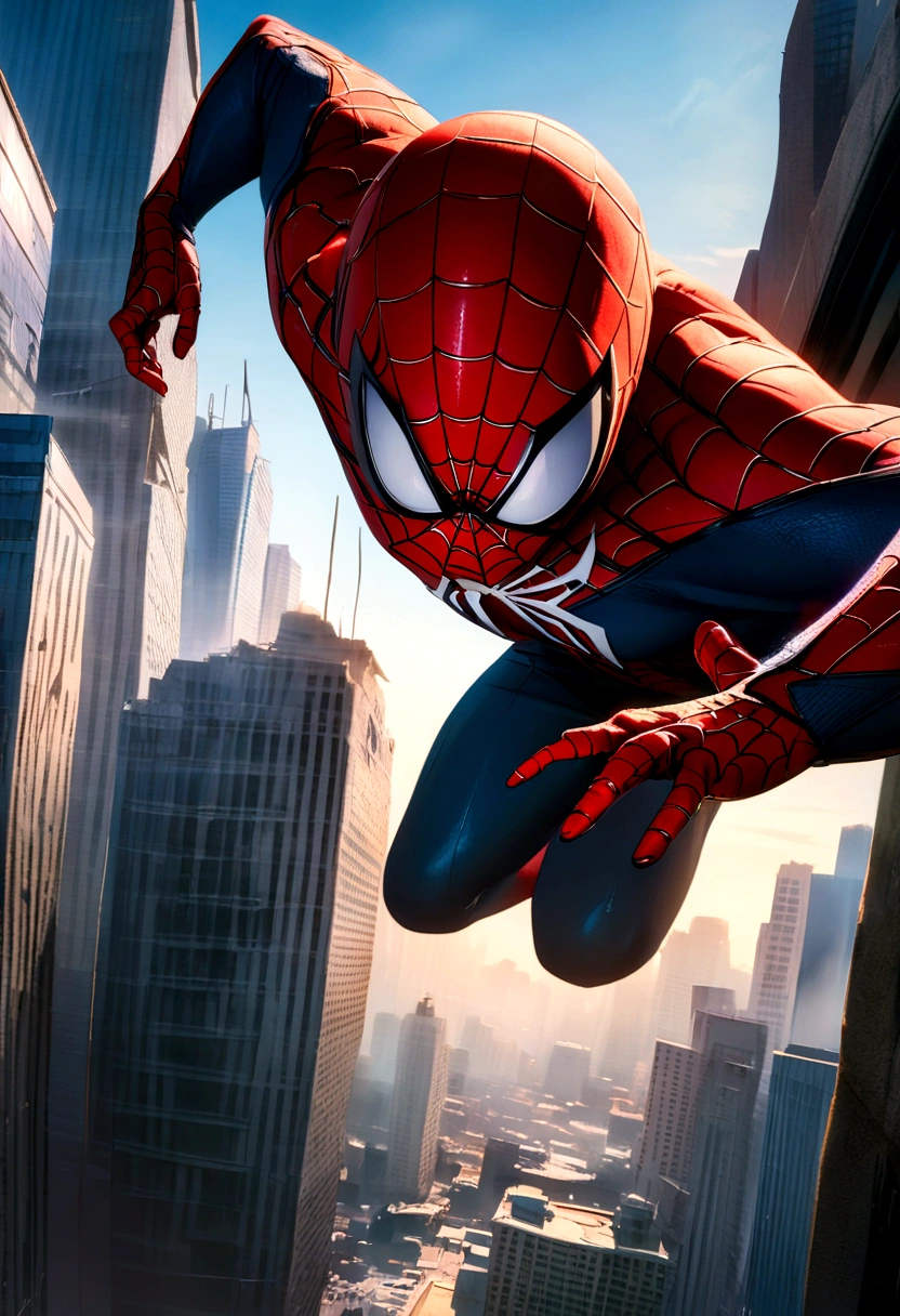 Spiderman ((sin mascara)) on top of a skyscraper, fantastic photo, close up, movie scene, 8k get