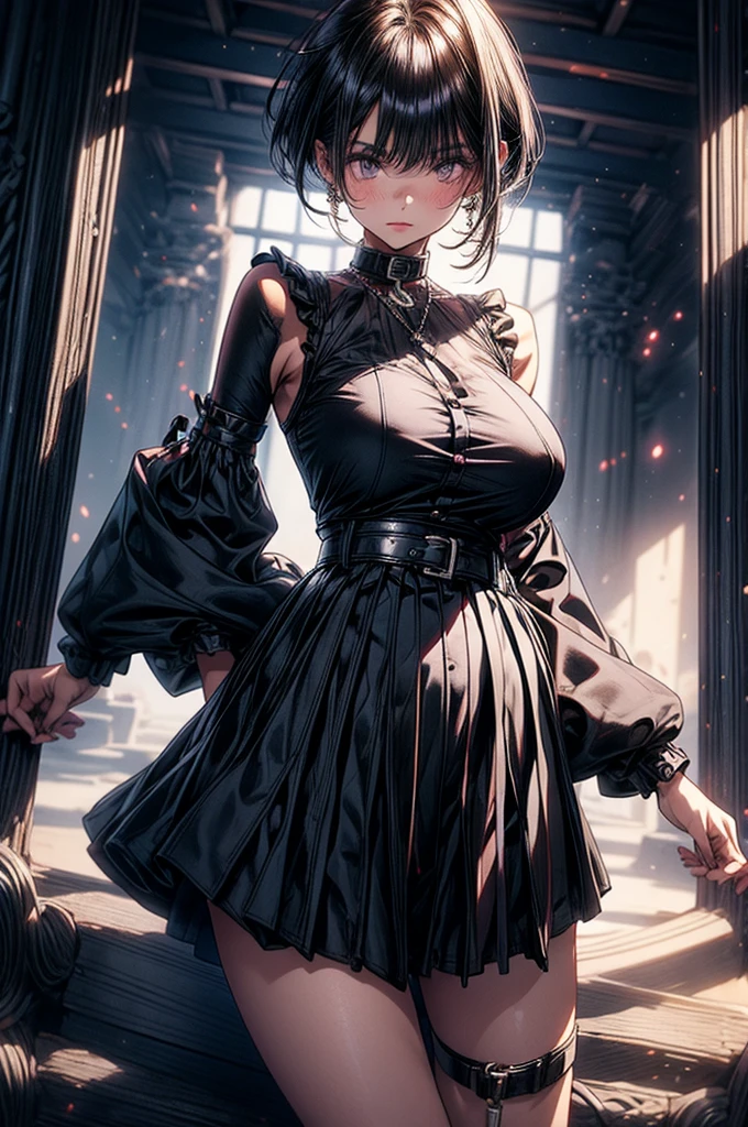 beautiful young anime girl, 16 years old, oval face, slender and toned hourglass body shape, sharp and noble facial features, arrogant and disdainful expression, classy opulent bedroom, sleeveless gothic white ruffled blouse, gothic pleated A-line mini-skirt flaring out behind her, tanned white skin, plump cherry pink lips, thin eyebrows, big round violet-colored eyes, sleek short sleek dark-violet hair with American Pixie cut and small bangs covering her forehead, narrow waist, small wide curvy hips protruding to large perky round ass, sandals, modest C-cup breast size, tall 175cm, full body image, standing straight, looking at camera, hip level shot, huge European castle background, best quality