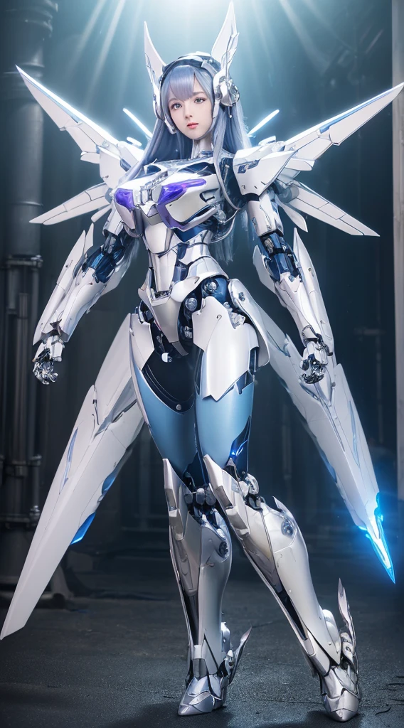 ((Intense action pose:1.6))、((Shining lenses on both breasts:1.3))、((A blue pillar of light is emitted from the lens.:1.3))、smile、((8K)), ((32k)), ((Highest quality)), ((masterpiece)), ((超A high resolution)), ((Tmasterpiece)), ((Halation:1.4))、((Mechaニカルheadgear:1.2))、((Cyber headphones:1.3))、Fine skin, High quality fabric, Fine metal texture、((Beautiful and dense face))、RAW Photos、Professional, Ultra-fine painting, ((alone)), Beautiful breasts、Highest quality, Very detailed, Very detailed詳細, Finer details, so beautiful, ((Princess Knight Robot:1.2)),  (Joints of machines, Mechanical Limbs:1.3), (The internal structure of the machine is exposed:1.3), (Long silver hair:1.1), (Beautiful and huge mechanical breasts)、White Veil, cowboy_shot, Side Focus, headgear, Shiny、(Five Fingers, Four fingers and thumb),Concept Art, Anime fantasy artwork, Detailed fantasy art, (with pale blue-violet hair and large white wings,,,,,,,), (((Long silver hair))), (Mecha:1.6)、Sleek and intimidating design, ((Commander-in-Chief&#39;arm)), (Perfect robot body)、純白と青紫armまたは, Symmetrical wings, 8K high quality, detailed art, 3D rendering of character art in 8K, neat legs, Defined, Defined fingers,
