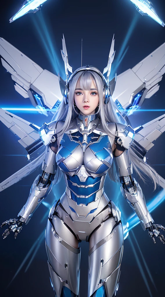 ((Intense action pose:1.6))、((Shining lenses on both breasts:1.3))、((Blue pillars of light are emanating from both chests.:1.3))、smile、((8K)), ((32k)), ((Highest quality)), ((masterpiece)), ((超A high resolution)), ((Tmasterpiece)), ((Halation:1.4))、((Mechaニカルheadgear:1.2))、((Cyber headphones:1.3))、Fine skin, High quality fabric, Fine metal texture、((Beautiful and dense face))、RAW Photos、Professional, Ultra-fine painting, ((alone)), Beautiful breasts、Highest quality, Very detailed, Very detailed詳細, Finer details, so beautiful, ((Princess Knight Robot:1.2)), (Joints of machines, Mechanical Limbs:1.3), (The internal structure of the machine is exposed:1.3), (Long silver hair:1.1), (Beautiful and huge mechanical breasts)、White Veil, cowboy_shot, Side Focus, headgear, Shiny、(Five Fingers, Four fingers and thumb),Concept Art, Anime fantasy artwork, Detailed fantasy art, (with pale blue-violet hair and large white wings,,,,,,,), (((Long silver hair))), (Mecha:1.6)、Sleek and intimidating design, ((Commander-in-Chief'arm)), (Perfect robot body)、純白と青紫armまたは, Symmetrical wings, 8K high quality, detailed art, 3D rendering of character art in 8K, neat legs, Defined, Defined fingers,