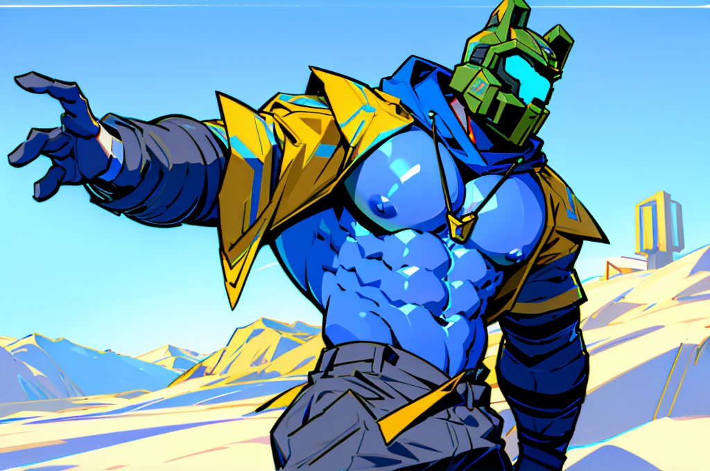 male robot humanoid, male, blue skin, shirtless, (bare chest:1.5), pecs, abs, navel, pants, necklace, (helmet:1.7), cropped jacket, hooded, majestic scenery