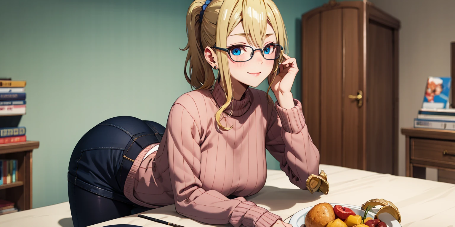 anatomically correct, best quality, masterpiece, high quality, high details, highres, HD, (shaded face:1.2), hollow eyes, dark-blue eyes, looking at viewer, seductive smile, glasses, lips, aihayasakav4, blonde hair, side ponytail, scrunchie, solo, blurry, 1girl, depth_of_field, earrings, blurry_background, breasts, jewelry, bookshelf, red_eyes, indoors, table, sweater, solo, large_breasts, looking_at_viewer, blurry_foreground, long_sleeves, closed_mouth, bangs, blush, pantyhose, hand_on_own_cheek, sidelocks, breast_rest, ribbed_sweater, apunto de exlotar, muy ajustado, se marcan los pezones, bang ,la tetas apretadas, muy ajustada