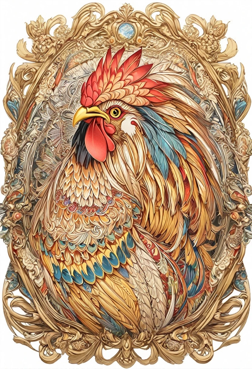 (((coloring book page))) with a drawing of a rooster with a flower pattern on its face, Highly detailed and hypnotic, hyper detailed rooster - like face, goldenrooster, incredibly intricate, he has yellow rooster eyes, Intricately detailed fur, gallo, Intricate artwork, Highly detailed 4k art, great rooster, Highly detailed 4k art., Highly detailed symmetry, intricate detailed 4k, rooster and his treasures
