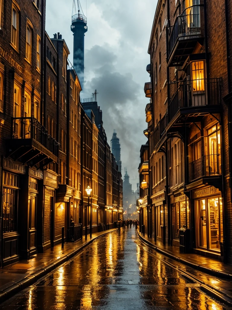 London street in the late 1800s, but with a steampunk twist. Towering clockwork buildings with smokestacks puffing out steam, gaslight lamps casting an orange glow, and airships gliding silently overhead. Cobblestones slick with rain reflect the gaslight and bustling activity.