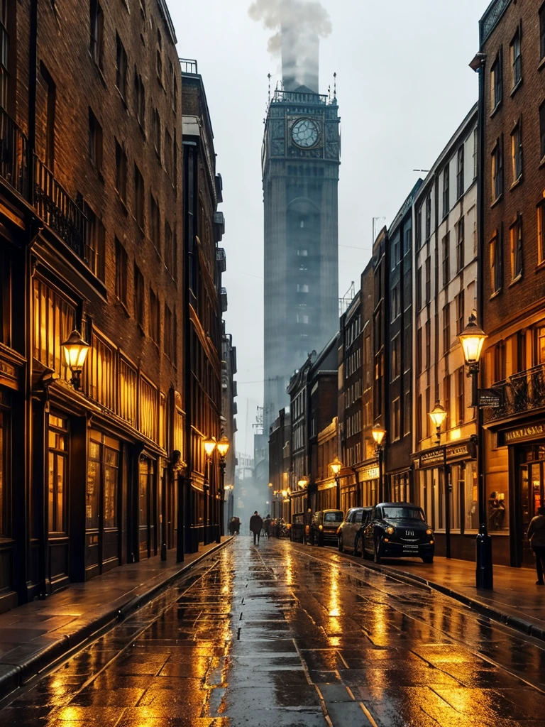 London street in the late 1800s, but with a steampunk twist. Towering clockwork buildings with smokestacks puffing out steam, gaslight lamps casting an orange glow, and airships gliding silently overhead. Cobblestones slick with rain reflect the gaslight and bustling activity.