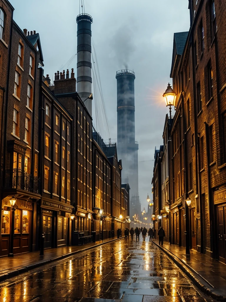 London street in the late 1800s, but with a steampunk twist. Towering clockwork buildings with smokestacks puffing out steam, gaslight lamps casting an orange glow, and airships gliding silently overhead. Cobblestones slick with rain reflect the gaslight and bustling activity.