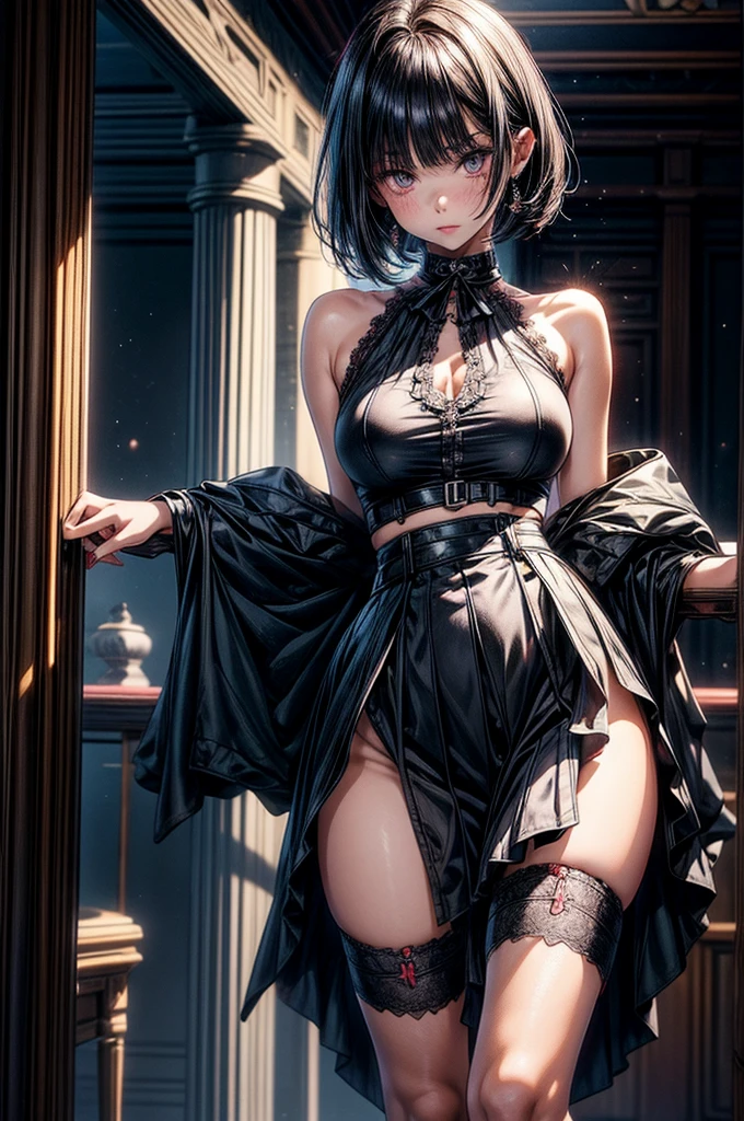 beautiful young anime girl, s old, oval face, slender and toned hourglass body shape, sharp and noble facial features, arrogant and disdainful expression, classy opulent bedroom, sleeveless gothic white ruffled blouse, gothic pleated A-line mini-skirt flaring out behind her, tanned white skin, plump cherry pink lips, thin eyebrows, big round violet-colored eyes, sleek short sleek dark-violet hair with American Pixie cut and small bangs covering her forehead, narrow waist, small wide curvy hips protruding to large perky round ass, sandals, modest C-cup breast size, tall 175cm, full body image, standing straight, looking at camera, hip level shot, huge European castle background, best quality