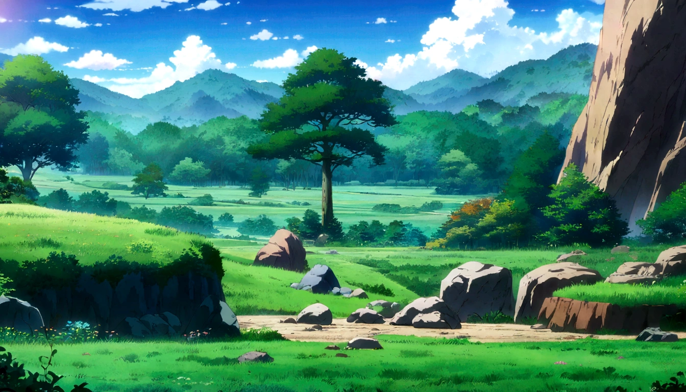 
anime - style painting of a tree in a grassy field with rocks, anime countryside landscape, anime landscape, anime landscape wallpaper, anime background art, beautiful anime scenery, anime background, anime beautiful peace scene, anime scenery, anime movie background, anime nature, anime scenery concept art, colorful anime movie background, beautiful anime scene, anime scene, beautiful landscape background