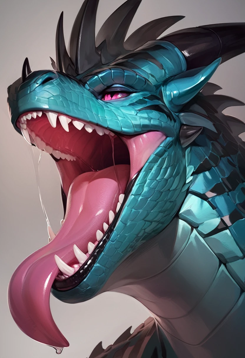 Masterpiece, hyperdetailed, best quality, a y handsome cyan dragon, tongue out, solo, from side, on back, close-up, black horns, stripes, pink eyes, saliva, tongue, glistening scales, professional artwork, masterful technique, 8k resolution, best quality, newest, 8k resolution, 2023, by darkgem