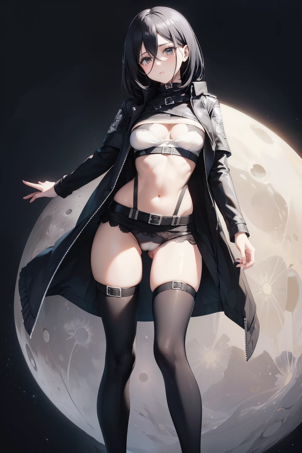 Ultra detailed  , Mikasa arckman , 1girl , anime , masterpiece , Black color hair, jaqueta aberta open clothes , medium breasts , bra , lowleg pantie , long socks , shy face  ,garterbelt . moon background. 