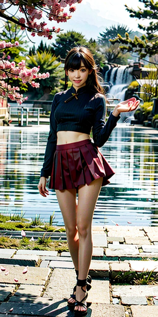 ((nilou_realistic)),((beautiful face)),( standing naturally with no pose:1.5), 1 girl,(navel), (red long hair, twin tails, skirt,crop top, long sleeves, o-ring legwear, nilou's sandals), (full body:1.3),BREAK, 1girl, solo, looking at viewer, flat bangs, (young cute beautiful 18-year-old girl:1.1), 3d face, beautiful girl, Beautiful face, pretty, girlface, kpop idol, supermodel, stunning innocent symmetry face, (hand of Guido Daniele), perfect body, medium breast, slim waist, slim legs, (high detailed skin:1.2), glowing eyes, goddess, natural skin texture, shiny skin, White skin, Beautiful detailed face, detailed face, real skin texture, cute delicate face, finely detailed face, golden ratio, golden ratio face, expressive eyes, perfect face, perfect skin, flawless face, clear face, shiny hair, pale skin, Proper body proportion, perfect anatomy, realistic skin texture, luscious lips, glossy lips, natural makeup, beautiful bright pupils, slender figure, intricate eyes, detailed pupils, detailed face and eyes, longeyelashes, blush, good hand, perfect hands, pretty face, beautiful female bodies, finely detailed skin, oily shiny skin, BREAK, (((((golden hour, Sakura tree background, petals falling, dawn light, cobblestone pathway, building pavilion, chinese buildings, moutains, misty lake, ancient chinese background, puddle, after the rain, wet grass and trees, (sky overcast with a rainbow), (sunlight reflection), flower sea, in a meadow, (waterfall:1.2), ((breeze)), flyi