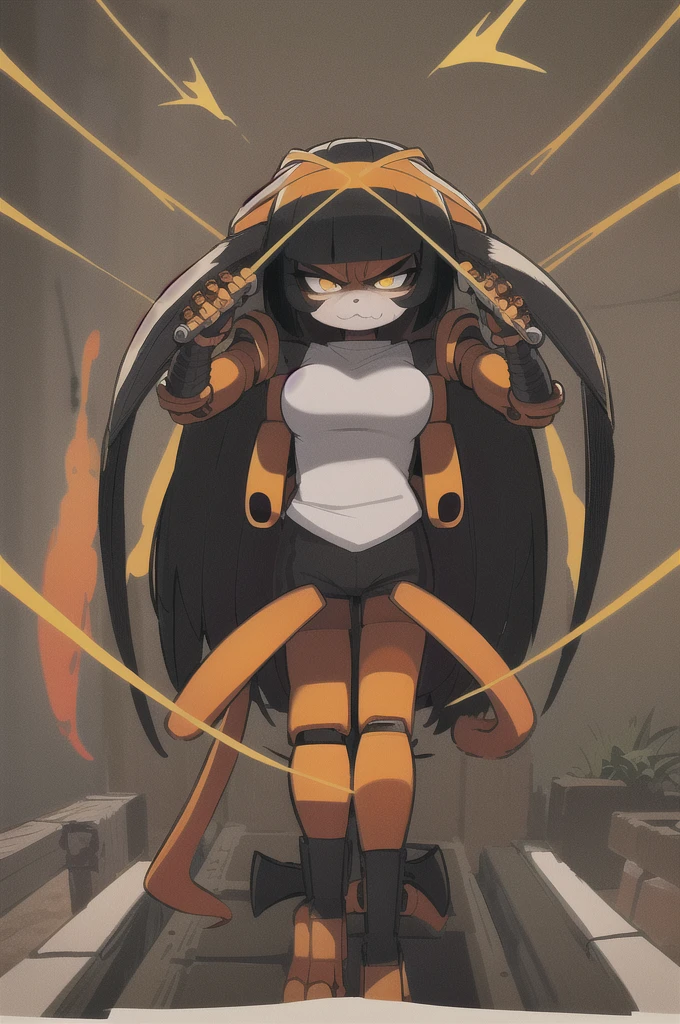 Original Character, (finely best quality illustration:1.1), (1girl, solo:1.1), (black short hair:1.1), (masterpiece, ultra high quality), (standing), (full body visible), (1girl), (solo), (female focus), (Singular, large horn), (snake-dog hybrid-cross-girl), (Messy pixie cut with hair covering face), (big eyebrows), (angry eyes), (long furry and scaly tail) (Cute anime snake eyes), (limbless female body) Coral Snake Beastman, black eyes, orange scleras, Black hair, Furry, (1 girl), (angry eyes), (red black and yellow striped skin), (harness with mechanical limbs), (amputee body)
