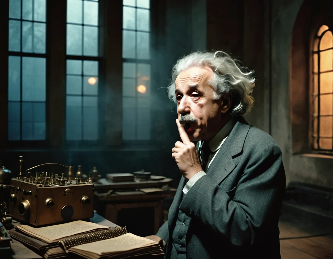 scientist Albert Einstein angrily telling him to shut up