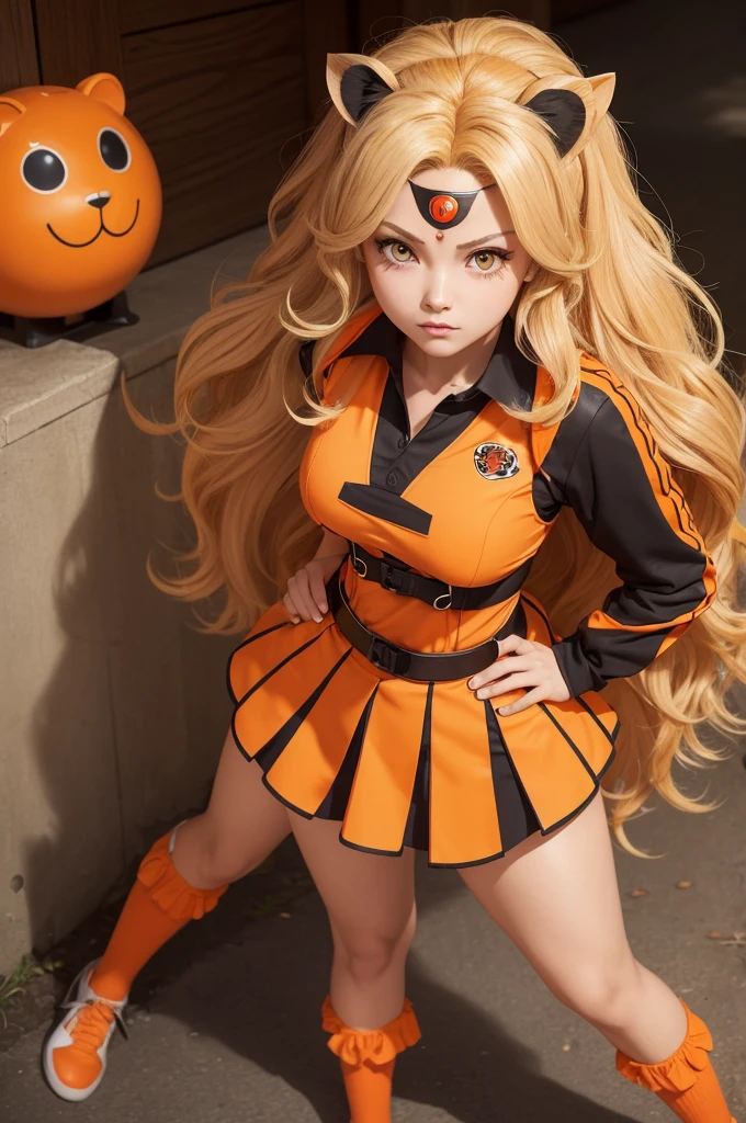 A female character styled after the Miraculos Ladybug cartoon, voluminous wavy hair with blonde hair roots and the rest brown hair, a lion-themed heroine uniform, She wears an orange mask and has orange eyes with dilated pupils